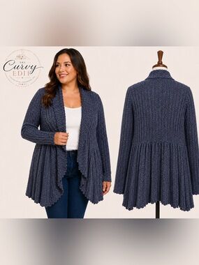 APT. 9 Navy Marled Ribbed Cascade Open Front Cardigan Sweater 3X Cozy Chic